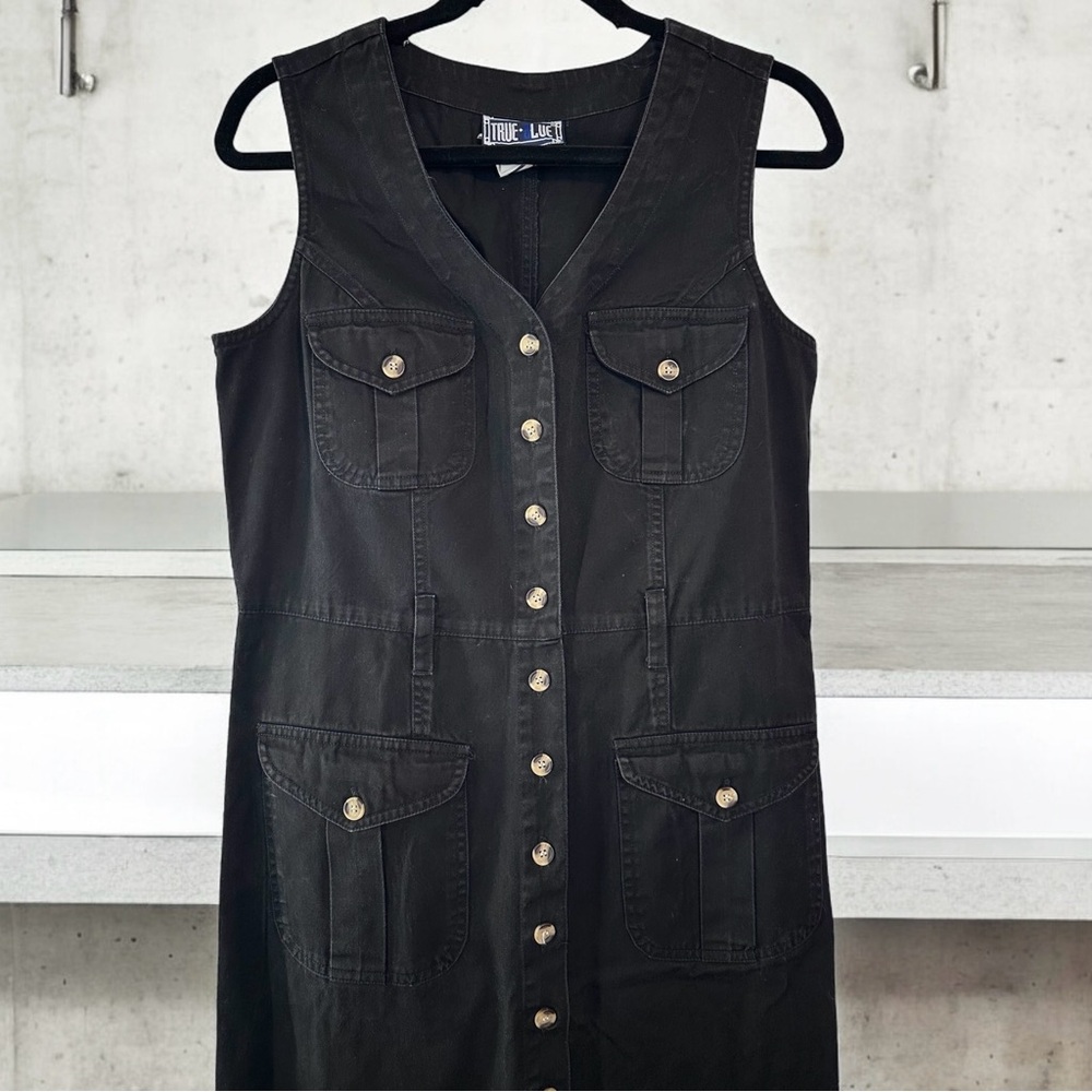 Vintage 90’s Black Denim Sleeveless Button Down Maxi Dress Size 6 Y2K - Picture 3 of 7